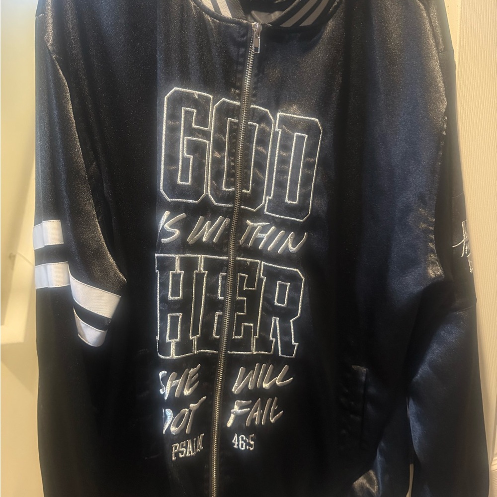 3:16 Collection Black Bomber Jacket with White Scripture Psalms 46:5